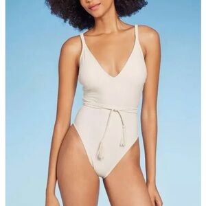Shade & Shore Braided Detail Extra High Leg Cheeky Ivory 1 Piece Swimsuit NWT L